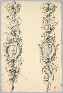 Design for to trofeer som refererer til jomfruen av Unknown artist