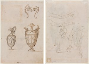 Design for to vaser og et ornament (recto); Skisser av fem armer og et hode (verso) av Unknown artist