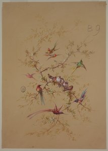 Design for tapet og tekstil: Blomster og fugler av Unknown artist