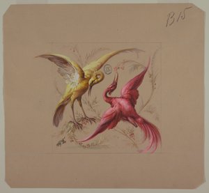 Design for tapet og tekstiler: Blomster og fugler av Unknown artist