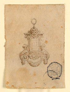Design for et anheng med bladvolutter og barnehode av Unknown artist