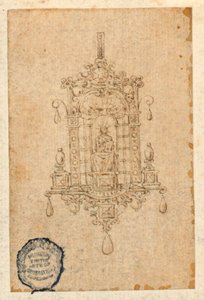 Design for et anheng med sittende kvinne med bok av Unknown artist
