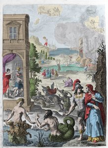 Ulike metamorfoser, i forgrunnen Scylla og havguden Glaucos forelsket i henne, i bakgrunnen avviser den hengte Iphis av Anaxarete. Illustrasjon hentet fra bok XIV av "" Metamorphoses"" (Metamorfosi) av Ovide (43 f.Kr.-17 e.Kr.). Gravering 1 av Unknown artist