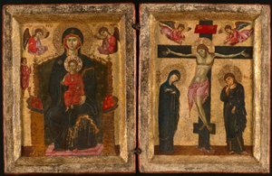 Diptych av Jomfru Maria og barnet på tronen og korsfestelsen av Unknown artist
