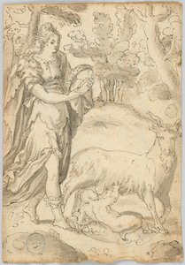 Tegning: A) Rhea og spedbarnet Jupiter. B) St. Frans av Assisi av Unknown artist
