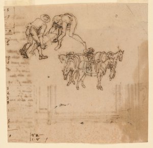 Tegning: A) To menn som bærer en koffert; fire muldyr med en driver. B) Prosjekt for en ramme av Unknown artist