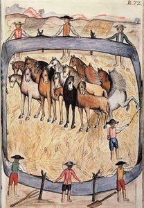 Dressur av ville hester, fra boken "Trujillo del Peru" eller "Codex Martinez Companion", av Baltazar Martinez Companion og Bujanda, biskop av Trujillo (1782-1785) av Unknown artist