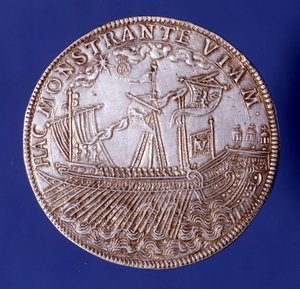 Ducat de Vincenzo Gonzaga (Vincent Gonzague) (1562 - 1612), hertugen av Mantua som representerer en bysse. av Unknown artist