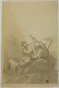 Døende mann fulgt av to figurer som holder stearinlys, bok og kors av Unknown artist