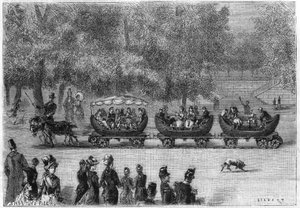 Endeløse skinner tilpasset et tog med biler trukket av geiter i Tuileries-hagen i Paris (av natur). Gravering i "" La Nature: revue des sciences et de leurs applications aux arts et a l