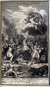Enee, som ønsker å hevne Pandaros, er klar til å bukke under under tyngdekraften til en stor stein som Diomede kaster. Mens Venus flyr til unnsetning, tok Sthelenos tak i vognen og hestene hans. Illustrasjon av bok V av Iliaden av Homere, fransk utgave av Unknown artist