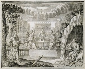Gravering som representerer kvinner som arbeider på en vevstol. Tidlig på 1700-tallet. av Unknown artist