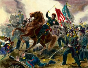 Episode av løsrivelseskrigen (1862-1865) eller borgerkrigen i USA: American General of Union Forces Ulysses Simpson Grant (1822-1885) under en kamp mot troppene i konføderasjonsstatene. Gravering av Private Collecti fra 1800-tallet av Unknown artist