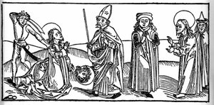 Episode av livet til Saint James the Major: helgenen blir halshugget under øynene til Herodes av Agrippa, kongen av Judee. Gravering fra «Leben der Heiligen - sommerteil» (Helgenboken) av Jacobus (James) fra Voragine (1228-1298). Lübeck 1488. av Unknown artist