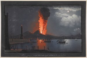Vesuvs utbrudd. Nattscene, med en gruppe figurer som vurderer utbruddet av Vesuv fra motsatt side av Napolibukta, fyrtårn til venstre, skip som seiler til høyre og by og vulkan i bakgrunnen; innenfor rammen s av Unknown artist