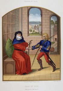 Esau med sine jaktvåpen og faren Isak. 1800-talls kromolitografi. av Unknown artist
