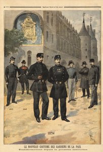 Utvikling av uniformer til fredsbevarende (eller bysersjanter) fra 1860 til 1894, foran klokketårnet til Concierge, Paris. Gravering i “” Le petit journal”” 09/1894. Selvas samling. av Unknown artist