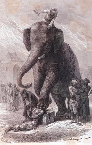 Henrettelse i India: kriminelle blir henrettet: hodet deres blir knust av en elefant ledet av karnacen hans, gravering 1875 av Unknown artist