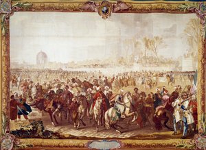 Utgang av den tyrkiske ambassadøren Mehmet Effendi fra Tuileries Garden etter audiensen gitt av kong Louis XV på 21/03/1721 1700-talls billedvev. Paris, nasjonale møbler av Unknown artist