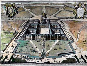 Utvendig utsikt over hotel des Invalides i Paris på 1700-tallet. Gravering fra 1700-tallet. Privat samling. av Unknown artist