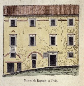 Fasade på huset der maleren Raffaello Santi (Raphael) (1483 - 1520) bodde i Urbin, Italia av Unknown artist