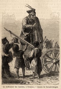 Familieklut i Swansea. Tegning av Durand Brager, for å illustrere et besøk til de store fabrikkene i Wales i 1862, av L.Simonin. Gravering i "" Le tour du monde"", redigert av Edouard Charton av Unknown artist