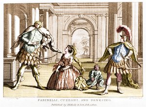 Farinelli (Carlo Broschi, dit; 1705 - 1782) med sopranen Cuzzoni og kastraten Francesco Bernardo Senesino (1680 - 1750) i operaen av George Frederick Handel (Georg Friedrich Handel av Unknown artist