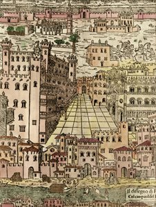 Ferrara: utsikt over byen, detalj av et anonymt tresnitt av Unknown artist