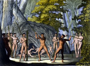 Kamp mellom botocudos, indianere i Brasil - i "" Den gamle og moderne drakten"" av Ferrario, red. Milan av Unknown artist