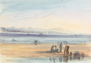 Figurer på en strand med fjell i det fjerne av Unknown artist