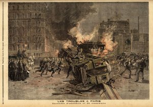 Brann av omnibusser og trikker i Paris: en brutalt undertrykt studentdemonstrasjon blir til et generelt opprør. Gravering i "" Le petit journal"" 22.07.1893. Selvas samling. av Unknown artist