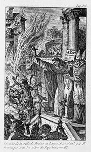 Brann i byen Béziers i Languedoc, henrettet av Saint Dominica under ordre fra pave Innocent III i "Religionens forbrytelser"" av Unknown artist