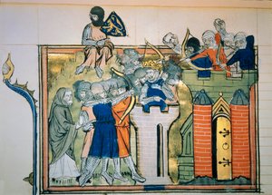 Første korstog: Godefroi (eller Godefroy) av Bouillon (1058-1100) i et rundt tårn angrep Jerusalem i 1099. Miniatyr fra "" Roman De Godefroy De Bouillon et de Saladin"" av Unknown artist