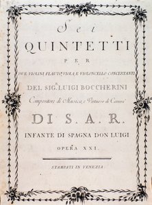 Første side med partitur av "" Seks kvintetter for to fioliner, bratsjfløyte og cello "" av Luigi Boccherini av Unknown artist