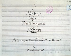 Første side av symfonipartituret redusert til to pianoer og åtte hender av Die Zauberflote, opera av Mozart, Lichtenthal-versjon (1800-tallet) av Unknown artist