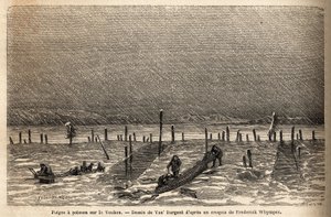 Fiskefeller, plassert på bredden av Yukon-elven (ekstremt nord i Canada). Gravering for å illustrere reisen og eventyrene i engelsk Colombia, Vancouver Island og Alaska, av Frederick Whymper av Unknown artist