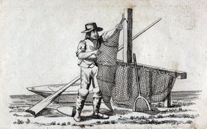 Fisker og fiskegarn. Fin gravering fra 1700-tallet. Privat samling. av Unknown artist