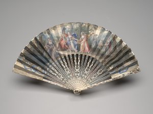 Sammenleggbar vifte med et klassisk emne, muligens en allegori om ekteskap, ca. 1750-60-tallet (gouache på enkelt vellumblad, elfenben, forgylling, gouache og messing) av Unknown artist