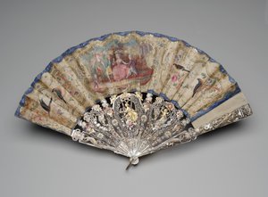 Sammenleggbar vifte med frierscene, ca. 1770-80 (gouache på doble silkeblad, messingpaljetter, perlemor, forgylling og messingløkke) av Unknown artist