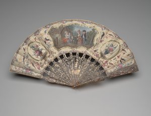 Sammenleggbar vifte med en scene av et besøk til våtsykepleieren, ca. 1780 (gouache på doble silkeblad, messing, metalltråd, skilpaddeskall, forgylling, perlemor og limperler) av Unknown artist
