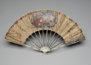 Sammenleggbar vifte med Venus fødsel, ca. 1770-80-tallet (gouache på enkelt silkeblad, strå, messing, metalltråd, bein, forgylling, perlemor og lime edelstener) av Unknown artist