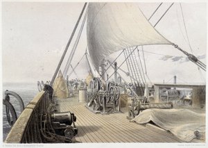Forover dekk klarert for siste attemet ved grappling, 11. august 1858 - i "The Atlantic telegraph" av W. H. Russel, ca. 1860 av Unknown artist