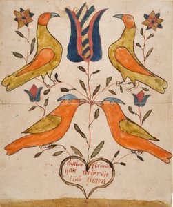 Fire fugler, tulipan og hjerte av Unknown artist