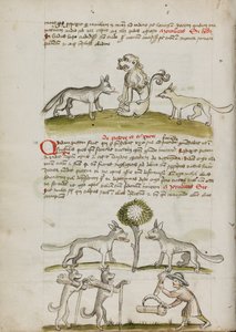 Rev og ulv foran en løve; To ulver under et tre som drar hveteballer; En bonde som bunter hvetekorn av Unknown artist