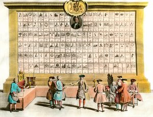 Franc-Maconnerie: møte med engelske maconfrancs med symboler for de viktigste maconniske hyttene. 1700-talls tavle. Paris. Dekorativ kunst av Unknown artist