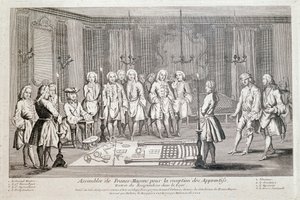 Freemaking: "Assembly of Francs Macons for opptak av lærlinger" Seremoni for mottakerens inntreden i logen. Han beveger seg fremover, med stripete øyne, guidet av den andre veilederen, mot Stormesteren (sitter til venstre). På th av Unknown artist