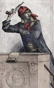 Fransk revolusjon: Portrett av Jean Paul Marat (1743-1793), montagnard-deputat ved konvensjonen, grener en pistol ved podiet - av Unknown artist