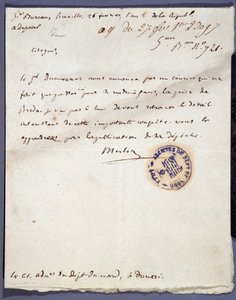 Fransk revolusjon: håndskrevet brev datert 26.02.1793 fra en denomme Merlin om erobringen av byen Breda i Holland 24. februar av general Dumouriez. Avdelingsarkivet Nord Lille av Unknown artist