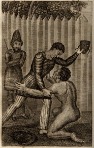 Fredag blir kastet i armene til Robinson Crusoe, gravering satt inn i "Les aventures de Robinson Crusoe" av Daniel Defoe av Unknown artist