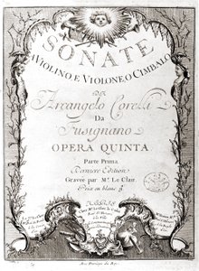 Frontispice av 12 sonater for fiolin, bass og cembalo av Arcangelo Corelli (1653 - 1713). fransk versjon. av Unknown artist